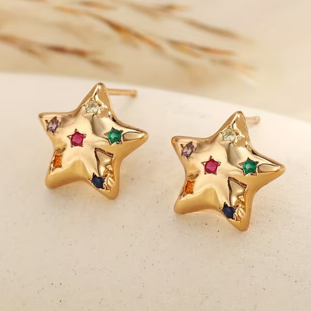 Gold tone Multi-Color  rhinestone Star Stud Earrings